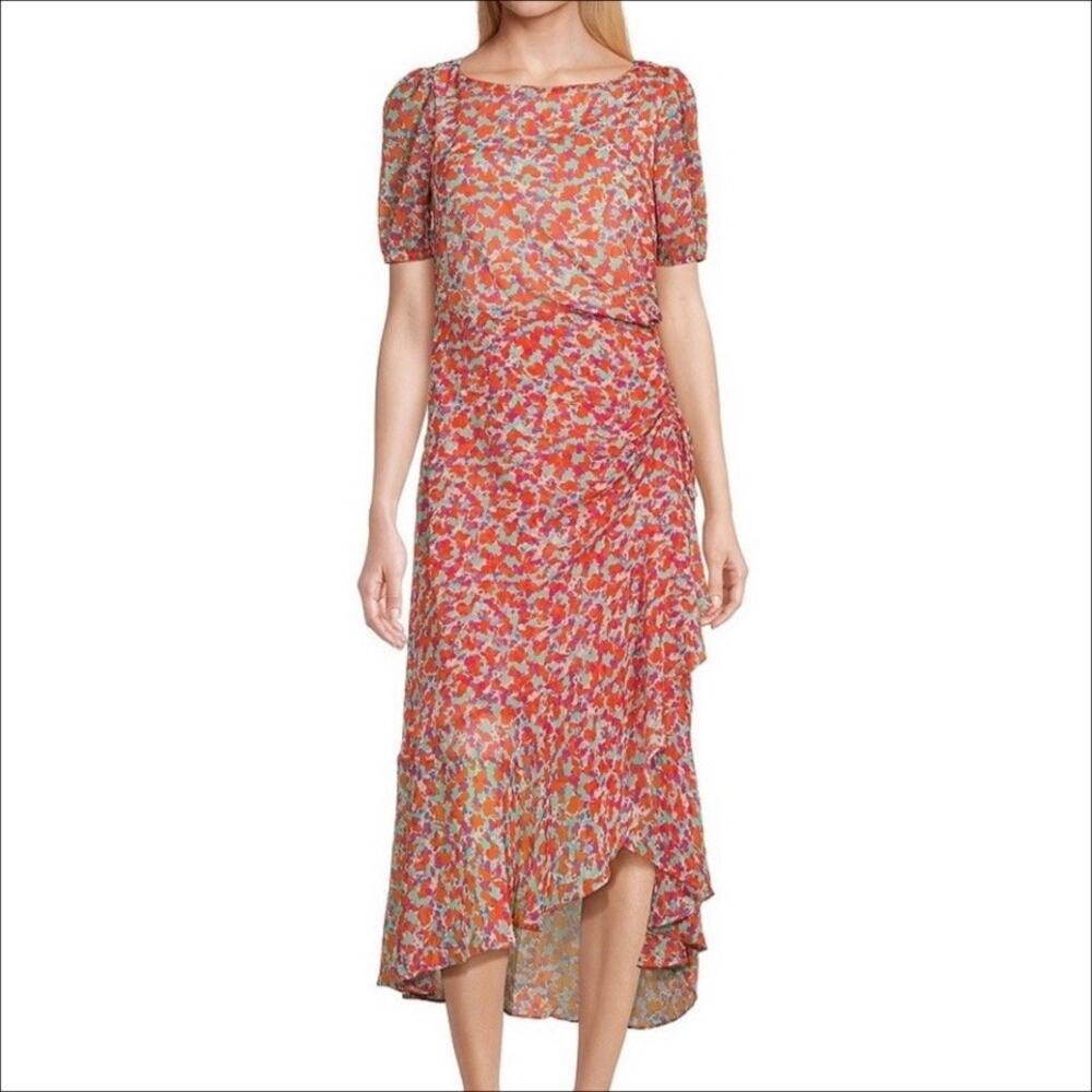 Julia Jordan Colorful Floral Short Sleeve Midi Dress Size 4 Pink, Orange, Teal